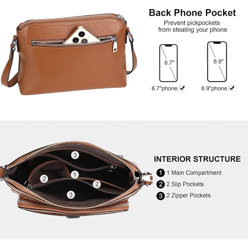 Genuine Leather Crossbody Brown New Bag for Women Small Handbag with Card Slots - Picture 5 of 8